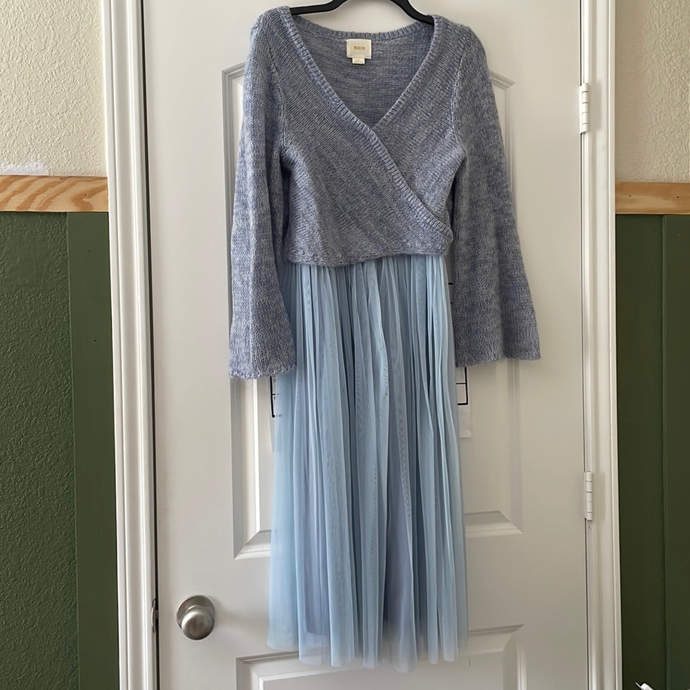 Maeve Anthropologie Dusty Blue Knit & Tulle Midi Dress